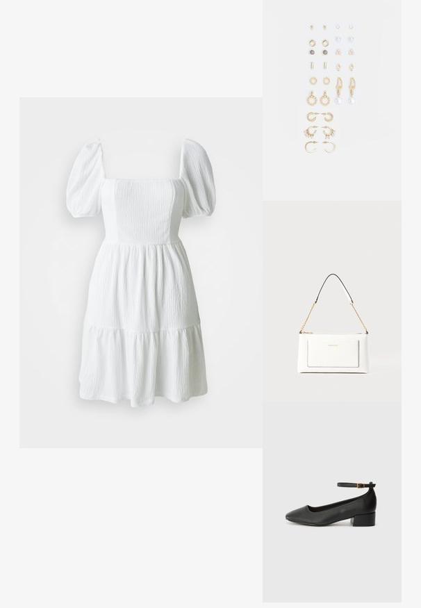 Balta kleita ar kvadrātveida izgriezumu, pūkainām piedurknēm un struktūrētu audumu. Iespējo daudzslāņotu svārku, kas beidzas virs ceļa. Nav redzamu rakstu.; Melnas ādas sūkņi ar smailu purngalu un zemu bloku papēdi. Iezīmēts ar potītes siksniņu ar zelta krāsas sprādzi. Gluda tekstūra.; Baltā ādas rokassomu ar teksturētu apdari, ar zelta ķēdes siksnu un melniem akcentiem. Iekļauj priekšējo kabatu un aizdari ar rāvējslēdzēju.; Zeltainā tonī auskari, kas iekļauj dažādus dizainus, tostarp pīrsingu, gredzenus un karājošus elementus ar pērlēm un rhinestones.