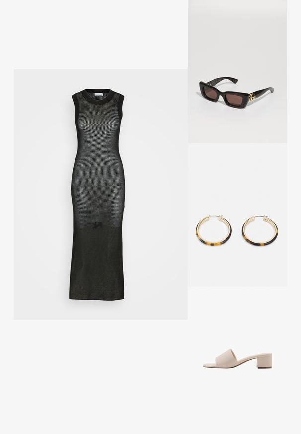 Rochie maxi fără mâneci, de culoare neagră, realizată dintr-un material tricotat din plasă, având o siluetă ajustată și guler rotund, cu o fente laterală lungă.; Sandale cu toc bloc bej, cu o curea lată și vârf deschis. Material neted și design elegant. Toc scurt și robust pentru stabilitate.; Ochelari de soare tortoiseshell negri cu lentile dreptunghiulare, nuanță de maron, ramă groasă și detaliu cu logo dublu-G aurie pe temple.; Cercei cu formă rotundă, de culoare auriu, cu un margine exterioară din rășină cu model țestoasă, având un finisaj neted și o formă elegantă.