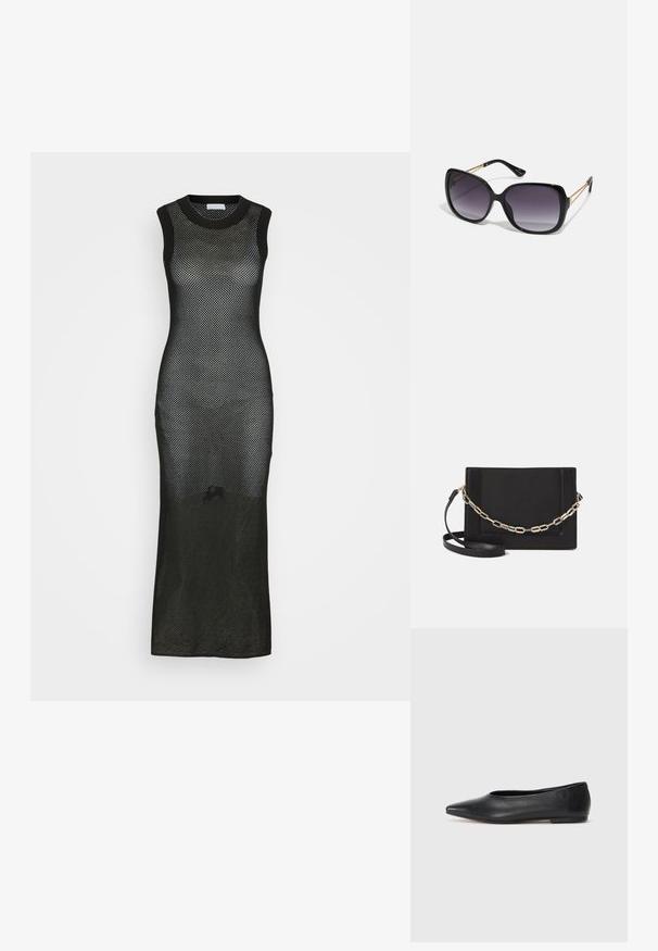 Fekete, ujjatlan maxi ruha hálós kötött anyagból, testhez álló sziluettel és kerek nyakkivágással, hosszú oldalszúrással.; Fekete bőr balettcipő, hegyes orral, minimalista dizájn, sima textúra, alacsony sarkú, látható fémrész vagy díszítés nélkül.; Fekete, oversize napszemüveg fokozatos árnyalatú lencsékkel, vastag kerettel és arany színű lánc díszítéssel a szárakon.; Fekete bőr keresztpántos táska, sima textúrával, téglalap alakú és fém lánc részlettel az elején. Állítható pánttal ellátva.