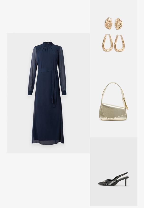 Tamsiai mėlyna ilga suknelė su aukšta smockinga apykakle, dirželio liemeniu ir permatomomis rankovėmis, pasižyminti tiesia siluetu ir kulkšnies ilgio dizainu.; Juodas lakuotas odinis batelis su smailiu pirštu, kulkšnies dirželiais su sidabrinėmis sagtimis ir detalėmis, bei plonu kulnu.; Aukso metalinės rankinės su struktūrizuotu dizainu, lygaus paviršiaus ir reguliuojama dirželiu. Pasižymi unikaliu trikampiu pavidalu ir minimalizmu siuvinėjime.; Auksinės auskarai, turintys tekstūruotus, bangų formos elementus. Įeina skulptūriniai segami auskarai ir atviri lankai su išmuštu paviršiumi.