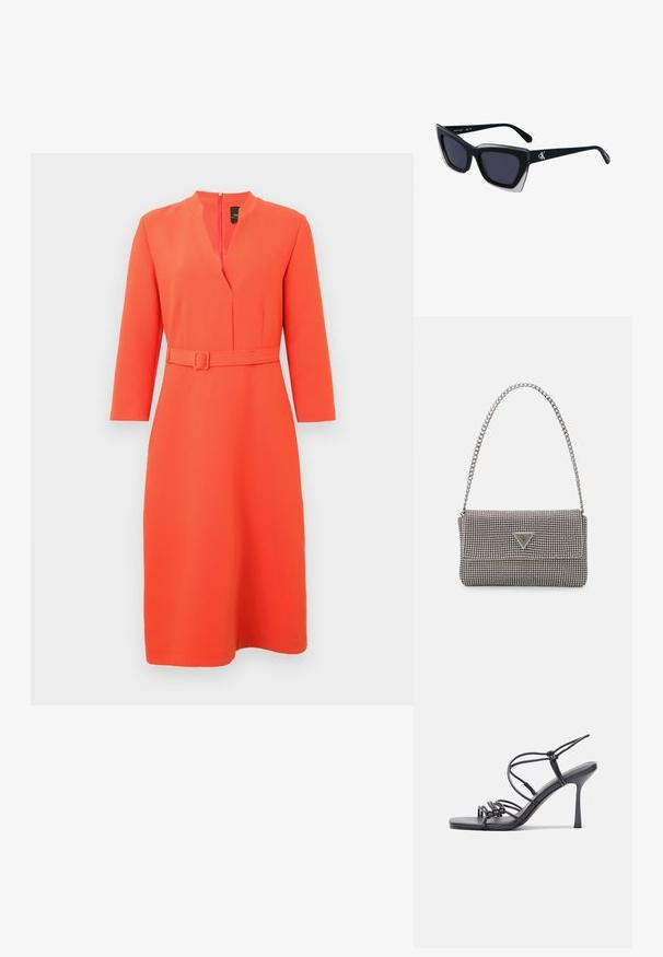 Bright orange dress with a V-neck and a belted waist. Features long sleeves and a back zipper, crafted from smooth, textured fabric.; Black high-heeled sandals feature thin straps with a knotted design, a smooth square toe, and a sleek stiletto heel.; Black oversized sunglasses with a geometric shape, featuring dark lenses and a contrasting grey detail on the frame. Logo on the arm.; Light gray metallic handbag featuring a chain strap, embellished with small circular metallic studs and a triangular brand logo.; Silver hoop earrings with a smooth, shiny finish. Rounded shape, lightweight design, featuring a post-back closure.
