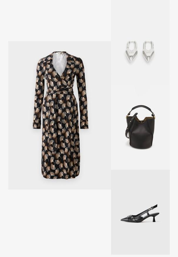 Juoda suknelė-wrap su ilgomis rankovėmis ir rudu-bežiniu fanu formos lapų raštu, su apykakle ir juosmens diržu.; Juodas odinis slingback tipo batai su smailiu priekiniu atvartu, dekoratyvinėmis sagtimis su metaliniais akyčiais ir žemu blokiniu kulnu. Saldus paviršius.; Juodas odinis kibiro tipo krepšys su tekstūruotu paviršiumi, auksiniais detalėmis ir atvira viršūne. Yra trumpa rankena ir reguliuojama petneša.; Sidabrinės širdelės formos užraktai su išgraviruotais žodžiais "TAIP" ir "NE", poliruotas paviršius, simetriškas dizainas ir tvirtas metalinis užraktas.