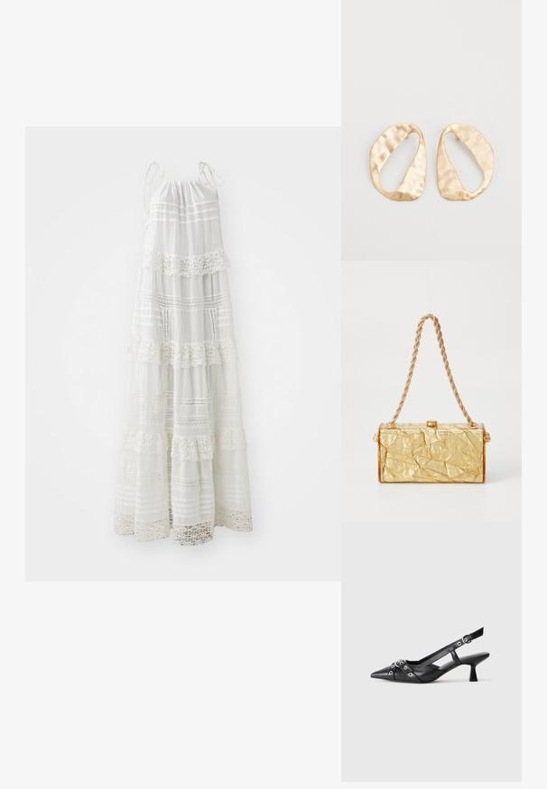 Vit maxiklänning med axelband, prydd med lager av volanger, spetsdetaljer och horisontella ränder. Lättviktig tyg.; Svart lädersko med slingback-design, spetsig tå, dekorativa remmar med metallöglor och en låg klack. Texturerad yta.; Handväska i guld med skrynklig textur och rektangulär form, försedd med en kedjestrap och ett spänne på toppen. Slät, glänsande yta.; Ett par oregelbundna ovalformade örhängen i guldtonad metall med en strukturerad, något hamrad yta på en vit bakgrund.