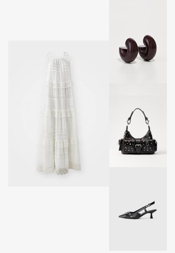 Robe maxi blanche à bretelles spaghetti, présentant des volants superposés, des détails en dentelle et des rayures horizontales sur toute la surface. Tissu léger.; Chaussure slingback en cuir noir avec un bout pointu, des sangles décoratives avec œillets en métal et un petit talon carré. Surface texturée.; Sac en cuir noir avec des accentuations cloutées, forme rectangulaire, deux poches avant et une poignée supérieure incurvée. Détails de fermeture à boucle et à pression.; Sculptures courbées en bordeaux profond, finition brillante, avec des découpes en demi-cercle et une texture lisse, ressemblant à des formes de limaces abstraites.