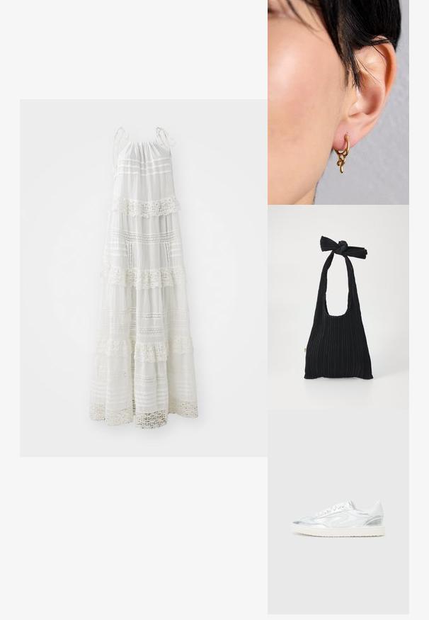 Hvid maxi-kjole med spaghetti-stropper, prydet med lagdelte volanger, blonde detaljer og vandrette striber over det hele. Letvægtigt stof.; Hvide sneakers med metalliske sølv detaljer, glat tekstur, rund tå, flad sål og traditionelt snørebåndsdesign.; Loeffler Randall BOBBY PLEATED TOTE - Håndtasker - black; Guld hoop ørering med et organisk, flydende design, der har teksturerede accenter og en glat finish, båret i et piercet øre.