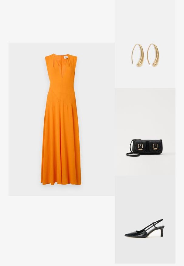 Dolga, brezrokavna obleka v svetlo oranžni tkanini z globokim V-izrezom, prilegajočim se bodicem in razširjeno krilo. Šivi na bodicu.; Črne lakaste slingback pete s koničastim nosom, ki imajo teksturiran vzorec kačje kože, nastavljiv trak in kratek teksturiran blok peto.; Črna usnjena torbica čez ramo z dvema sprednjima žepoma, zlatimi zaponkami, zadrgo in ozkim pasom. Tekstura površine je strukturirana, obliko pa ima kompaktno pravokotno.; Zlato-tonirani kovinski uhani v obliki obroča s krivuljo in podolgovato obliko. Imajo gladko, sijočo površino in zaobljen vrh za dodaten detajl.
