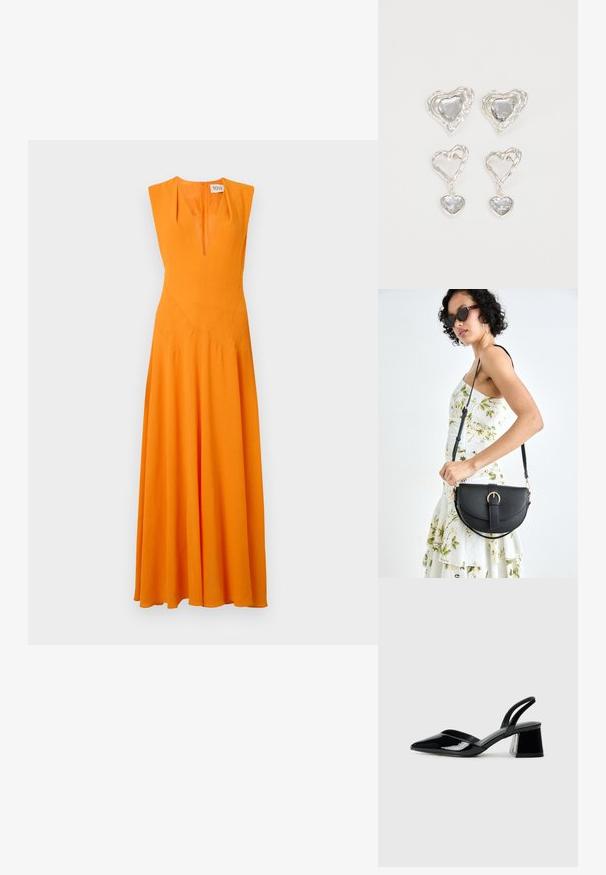 Hosszú, ujjatlan ruha élénk narancssárga anyagból, mély V-nyakkivágással, testhez álló felsőrésszel és bővülő szoknyával. Varrott részletek a felsőrészen.; Fekete lakk bőr szandálkés magas sarkú cipő, hegyes orral és geometrikus tömbsarkakkal. Karcsú, minimalista dizájn és sima textúra jellemzi.; Fekete bőrtáska ívelt formával, levehető pánttal és arany színű fémrészekkel. A táskán egy csattal díszített fedél található.; Ez az ezüst szív alakú fülbevaló sima, átlátszó kövekkel rendelkezik, texturált kerettel. A készlet stud és csepp stílust is tartalmaz.