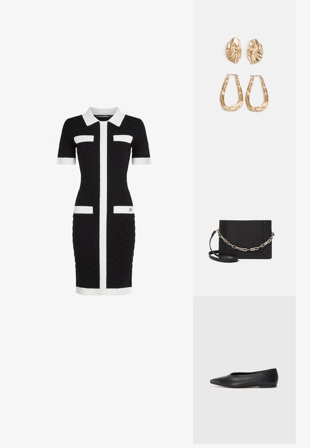 Svart tettsittende kjole med teksturert stoff, korte ermer, hvit krage og vertikale hvite striper; har to frontlommer med hvite detaljer.; Sorte lærballerina med spiss tå, minimalistisk design, glatt tekstur, lav hæl uten synlig metall eller dekorasjoner.; Svart lær crossbody-veske med glatt tekstur, rektangulær form og metallkjede detaljer på framsiden. Justerbar stroppe inkludert.; Gullfargede øredobber med teksturerte, bølgete former. Inkluderer skulpturelle klipsstuds og åpen hoop-design med en hamret finish.