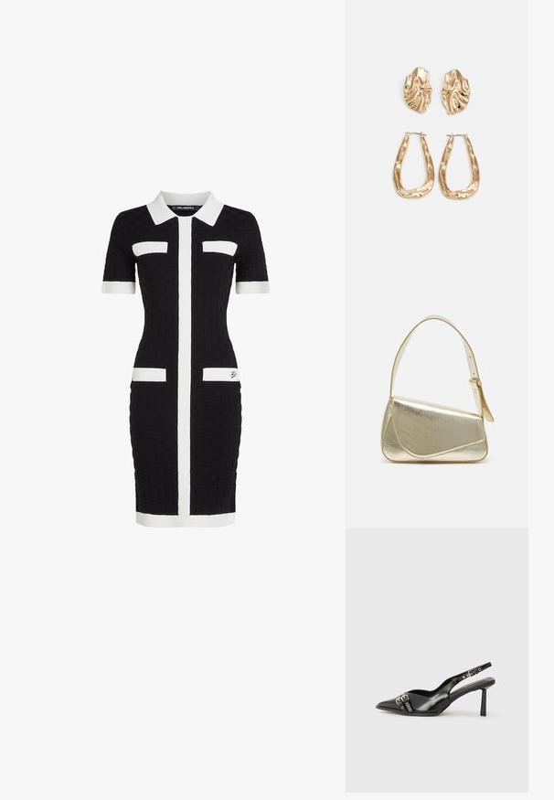 Juoda prigludusi suknelė su tekstūruotu audiniu, trumpomis rankovėmis, balta apykakle ir vertikaliomis baltomis juostelėmis; turi dvi priekinės kišenes su baltais akcentais.; Juodas lakuotas odinis batelis su smailiu pirštu, kulkšnies dirželiais su sidabrinėmis sagtimis ir detalėmis, bei plonu kulnu.; Aukso metalinės rankinės su struktūrizuotu dizainu, lygaus paviršiaus ir reguliuojama dirželiu. Pasižymi unikaliu trikampiu pavidalu ir minimalizmu siuvinėjime.; Auksinės auskarai, turintys tekstūruotus, bangų formos elementus. Įeina skulptūriniai segami auskarai ir atviri lankai su išmuštu paviršiumi.