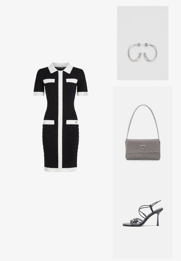 Mustmustrihaga mustkleit tekstuuriga kangast, lühikeste varrukatega, valge kraega ja vertikaalsete valgete triipudega; kaks eesmist taskut valgete detailidega.; Mustad musta värvi kontsandaalid on varustatud peente rihmadega, millel on sõlmekujundus, siledad ruudukujulised varbad ja stiilne stilettokonts.; Helehall metallik handbags, millel on kett, kaunistatud väikeste ümmarguste metallist õmblustega ja kolmnurkse brändi logoga.; Hõbedast rõngaskõrvarõngad sileda ja läikiva pinnaga, kõveriku kujuga ning postitaksega sulgur. Minimalistlik disain kaasaegse viimistlusega.