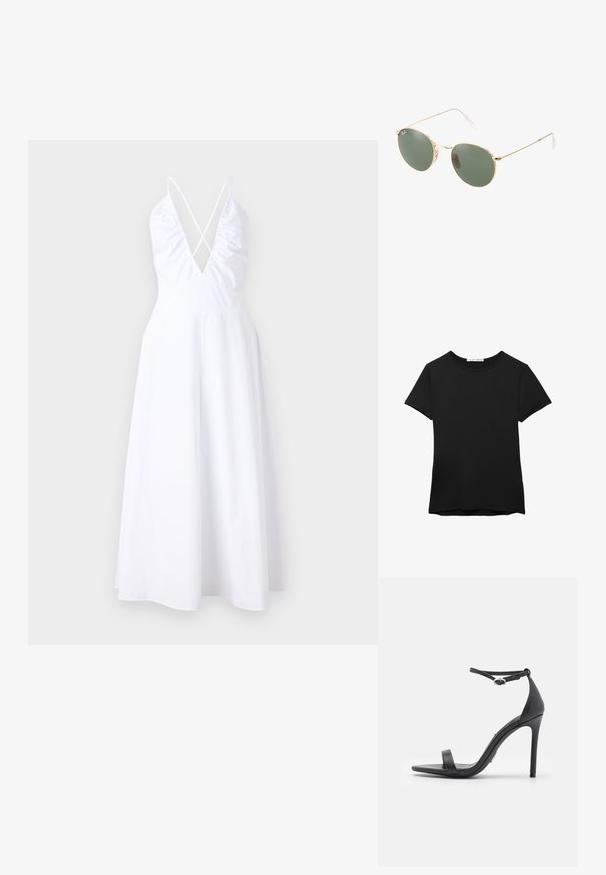 Biała sukienka bez rękawów z głębokim dekoltem w kształcie V i krzyżowym wykończeniem pleców. Sylwetka w kształcie litery A o gładkiej fakturze i zwiewnym materiale.; Czarny t-shirt z krótkim rękawem wykonany z gładkiego materiału. Posiada okrągły dekolt i luźny krój z prostym wykończeniem hemu.; Czarne sandały na wysokim obcasie z odkrytymi palcami, cienkimi paskami i zapięciem na kostce. Gładka skórzana tekstura z ostrym noskiem.; Okulary przeciwsłoneczne w złotej metalowej oprawie z zielonymi soczewkami, o okrągłym kształcie, cienkich zausznikach i białych plastikowych akcentach na końcach ramion.