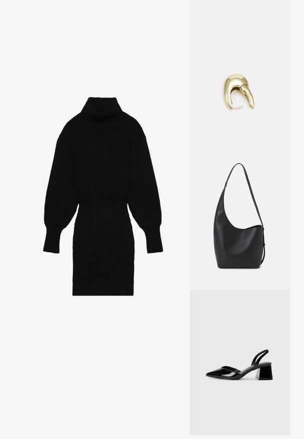 Svart ribbad stickad klänning med hög krage, långa ballongärmar och en figursydd midja, som visar upp ett texturerat tyg och en strömlinjeformad silhuett.; Svarta lackläder slingback klackar med spetsig tå och geometrisk klack. Har en elegant, minimalistisk design och slät yta.; Svart läder hobo-väska med en slät textur, kurvig form och en justerbar axelrem; har en bred öppning upptill.; Örhänge i guldtonad metall med en elegant, böjd design. Har en distinkt spetsig form, polerad yta och gångjärnslås.