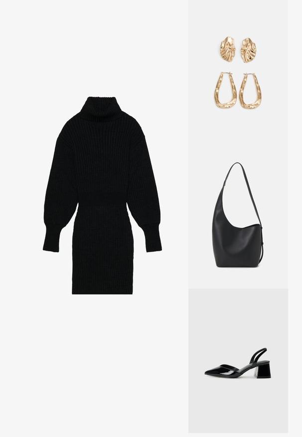 Melna ribota adīta kleita ar augstu apkakli, garām balonu piedurknēm un pieguļošu jostasvietu, kas izceļ teksturētu audumu un plūstošu siluetu.; Melna lakota āda ar atvērto papēdi, ar smailu purngalu un ģeometrisku blokpapēdi. Iezīmējas elegants, minimāls dizains un gluda tekstūra.; Melnas ādas hobo soma ar gludu tekstūru, izliekta forma un vienu regulējamu jostu; augšā ir plaša atvere.; Zelta krāsas auskari ar teksturētām, viļņotām formām. Iekļauts skulpturāls piespraužams modelis un atvērta gredzenveida konstrukcija ar izsistām virsmām.