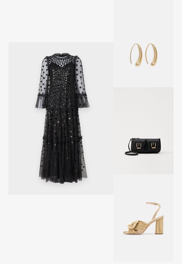 Needle & Thread GLISTEN TIERED GOWN - Apģērbs svinīgiem gadījumiem - graphite; Zelta papēža sandales ar mezglotu priekšpusi, plīšu tekstūru un potītes siksniņu. Bloku papēdis ir ar ribotu dizainu, kas uzlabo saķeri.; Melnas ādas crossbody soma ar divām priekšējām kabatām, zelta sprādzēm, ar rāvējslēdzēju aizdari un šauru siksnu. Strukturēta virsma un kompakta taisnstūra forma.; Zelta toņu metāla gredzena auskari ar izliektu, pagarinātu formu. Ar gludu, spīdīgu virsma un noapaļotu galu papildu detaļām.