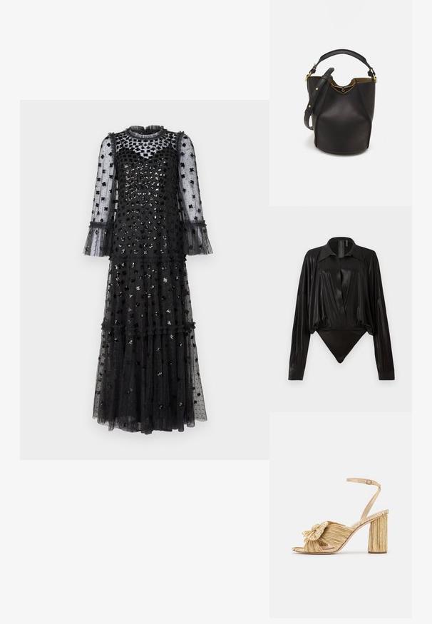 Needle & Thread GLISTEN TIERED GOWN - Occasion wear - graphite; Black bodysuit with long sleeves, V-neck, and a fitted silhouette. Made of shiny, smooth fabric with a structured collar and cuffs.; Gold heeled sandals with a knotted front, pleated texture, and an ankle strap. The block heel has a ribbed design, enhancing grip.; Black leather bucket bag with a textured finish, gold hardware accents, and an open top. Features a short handle and adjustable shoulder strap.