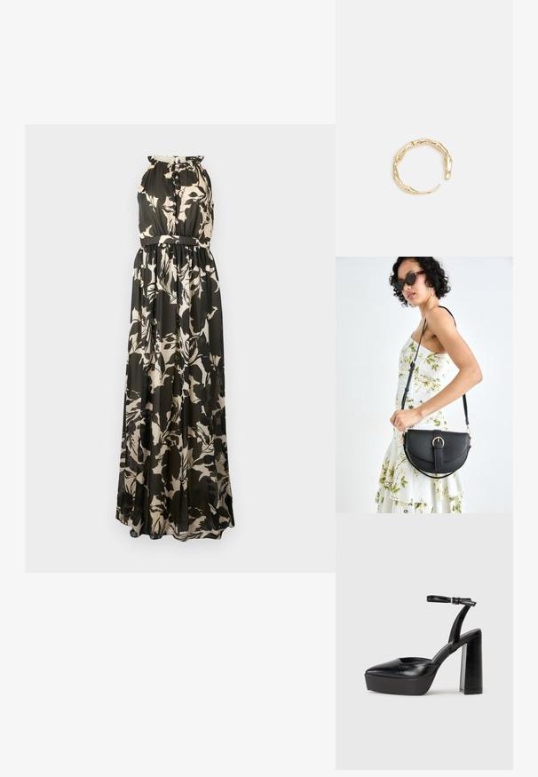 Ilga suknelė be rankovių, su juoda ir smėline gėlių raštu, susirinkusia juosmens dalimi ir plačiu audinio tekstūru.; Juodi platforminiai aukšti kulniukai su smailiu kojų pirštu ir reguliuojamu kulkšnies dirželiu. Pagaminti iš lygaus odos, turi masyvų blokinį kulną.; Juodas odinis krepšys su išlenkta forma, nuimamu dirželiu ir auksiniais detalėmis. Krepšys turi kilpą su sagtimi.; Auksinės spalvos žiedas, turintis organišką, sukimosi dizainą su lygiu paviršiumi ir siaurėjančiais galais, sukuriantis modernią skulptūrinę išvaizdą.