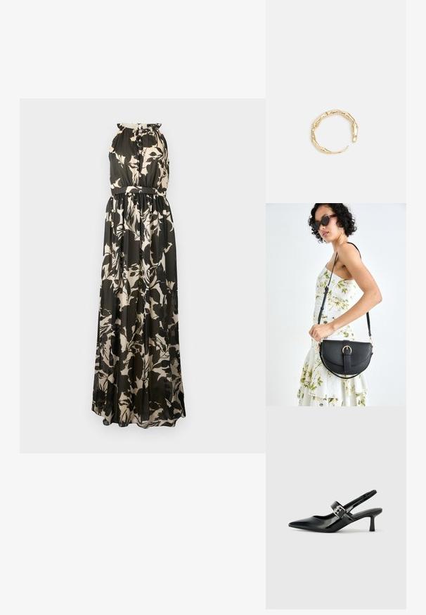 Maksi kleita bez piedurknēm, ar melnu un beżīgu ziedu rakstu, savākta jostas vietā un plūstoša auduma tekstūru.; Melnas lakotas ādas sūkņa kurpes ar norādītu purngali un mazu bloku papēdi, ar sudraba sprādzi akcentā uz jostas.; Melnas ādas rokassoma ar izliekta formu, noņemamu siksnu un zelta aksesuāriem. Somai ir vāciņš ar sprādzes detaļu.; Zelta toņa gredzens ar organisku, vērptu dizainu, gludu virsmu un sašaurinātiem galiem, radot mūsdienīgu, skulpturālu izskatu.