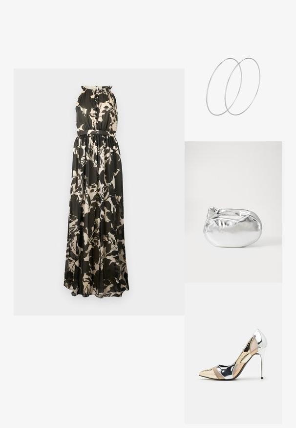 Maksi kleita bez piedurknēm, ar melnu un beżīgu ziedu rakstu, savākta jostas vietā un plūstoša auduma tekstūru.; Apspīlēta augstpapēžu kurpe ar zeltītu, sudrabi un neitrālu krāsu kombināciju. Spīguļojoša virsma ar izgriezuma dizainu, aprīkota ar stiletto papēdi.; Sudraba metāliska poga somiņa ar mīkstu, noapaļotu formu un mezgla augšējo aizdari. Izgatavota no gludas mākslīgās ādas materiāla.; Sudraba gredzenveida auskari ar minimālistisku dizainu. Cirkulāra forma, gluda tekstūra un plāns profils. Vieglu svaru ar spīdīgu apdari.