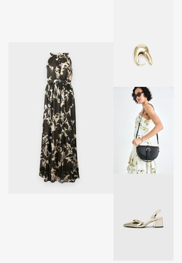 Maxi šaty s bezrukávovým dizajnom, s čierno-bežovým kvetinovým vzorom, s gathered pásom a prúdnou textúrou látky.; Zlaté kovové lodičky na podpätku so špicatou špičkou a robustným podpätkom. Hladký povrch, minimalistický dizajn a úzka remienok.; Čierna kožená kabelka s zaobleným tvarom, odnímateľným popruhom a zlatými doplnkami. Kabelka má klopu s detailom s prackou.; Náušnice z kovu v zlatej farbe s elegantným, zakriveným dizajnom. Majú charakteristický špicatý tvar, leštený povrch a uzáver na pánt.