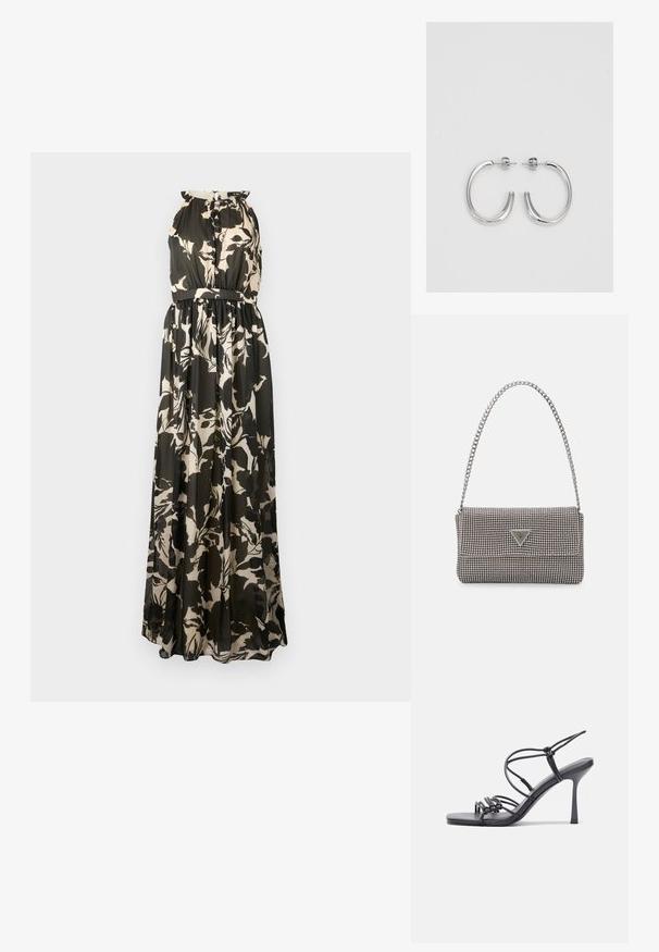 Maxi dress with a sleeveless design, featuring a black and beige floral pattern, gathered waist, and flowing fabric texture.; Black high-heeled sandals feature thin straps with a knotted design, a smooth square toe, and a sleek stiletto heel.; Light gray metallic handbag featuring a chain strap, embellished with small circular metallic studs and a triangular brand logo.; Silver hoop earrings with a smooth, shiny surface, featuring a curved shape and post-back closure. Minimalist design with a modern finish.