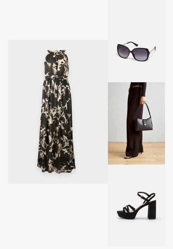 Maxi šaty s bezramínkovým designem, s černobéžovým květinovým vzorem, s nařaseným pasem a splývavou texturou látky.; Černé semišové platformové sandály s blokovým podpatkem, vybavené překříženými popruhy a přezkou kolem kotníku pro bezpečné upevnění.; Černé oversized sluneční brýle se gradientními skly, silnými rámy a zlatými řetízkovými detaily na nožičkách.; Černá kabelka se strukturovaným tvarem, hladkým povrchem a kovovým uzávěrem. Kombinována s širokými černými kalhotami a sandály s otevřenou špičkou na dřevěné podlaze.