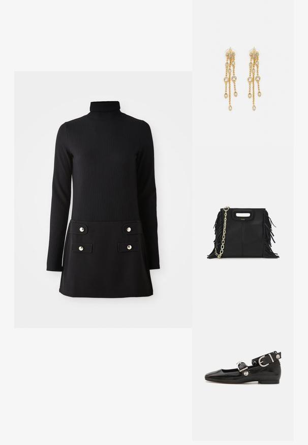 Vestito nero a collo alto a coste con maniche lunghe, caratterizzato da un corpetto aderente e una gonna svasata con due tasche anteriori e bottoni dorati.; Scarpa flat in vernice nera con punta quadrata, cinturino alla caviglia con hardware in argento e suola piatta. Texture liscia con design minimalista.; Borsa a tracolla in pelle nera con dettagli a frangia, catena dorata e manico ritagliato. Presenta il logo sulla parte anteriore.; Orecchini dorati con molteplici catene a cascata, dotati di accenti in strass ovali trasparenti e parte superiore decorativa a perno.