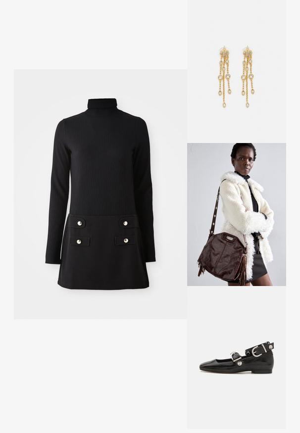 Melnas ribotās turtlenecka kleitas ar garām piedurknēm, tās dizainā ir pieguļošs augšdaļa un plandošs svārku daļa ar divām priekšējām kabatām un zelta krāsas pogām.; Melnas laika patenta ādas dzīvokļu kurpes ar kvadrātu purngalu, potītes siksna ar sudraba furnitūru un platu zoli. Gluda tekstūra ar minimālu dizainu.; Brūnas ādas rokassoma ar strukturētu apdari, plektiem un sānu pušķiem; tai ir noņemams plecu siksna ar metāla akcentiem.; Zelta tonī auskari ar vairākiem kaskādes ķēdēm, kas rotāti ar caurspīdīgiem ovāliem rhinestone akcentiem un dekoratīvām pīrsingiem.