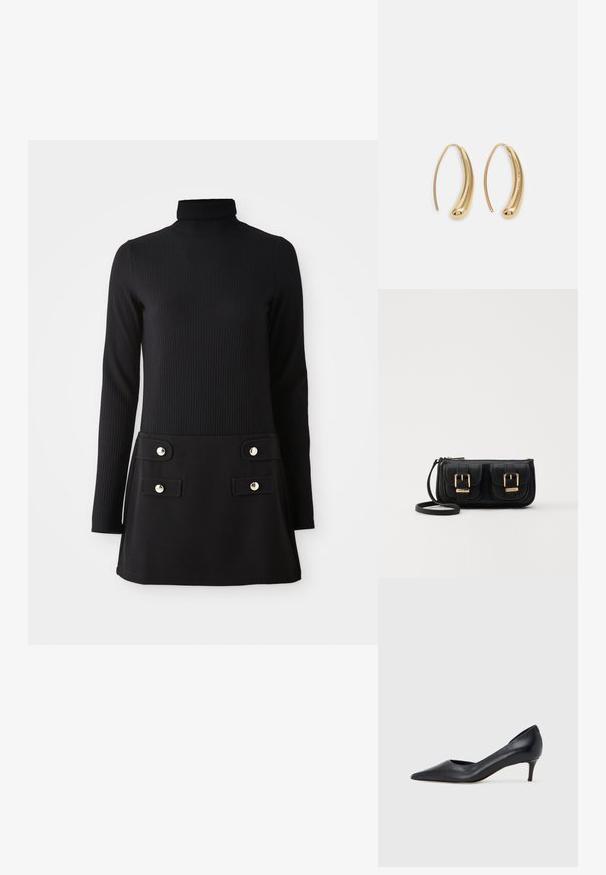 Sort ribbet turtleneck kjole med lange ærmer, med en tætsiddende overdel og en udvidet nederdel med to forlommer og knapper i guldfarve.; Sort læderpumpe med spids tå og lav hæl. Har en glat tekstur og subtil glans. Åben udskæring foran for ekstra detalje.; Sort læder crossbody taske med to frontlommer, guldspænder, lynlåslukning og en slank rem. Struktureret overflade og kompakt rektangulær form.; Guldfarvede metal hoops øreringe med en bøjet, forlænget form. Har en glat, skinnende overflade og en afrundet spids for ekstra detalje.