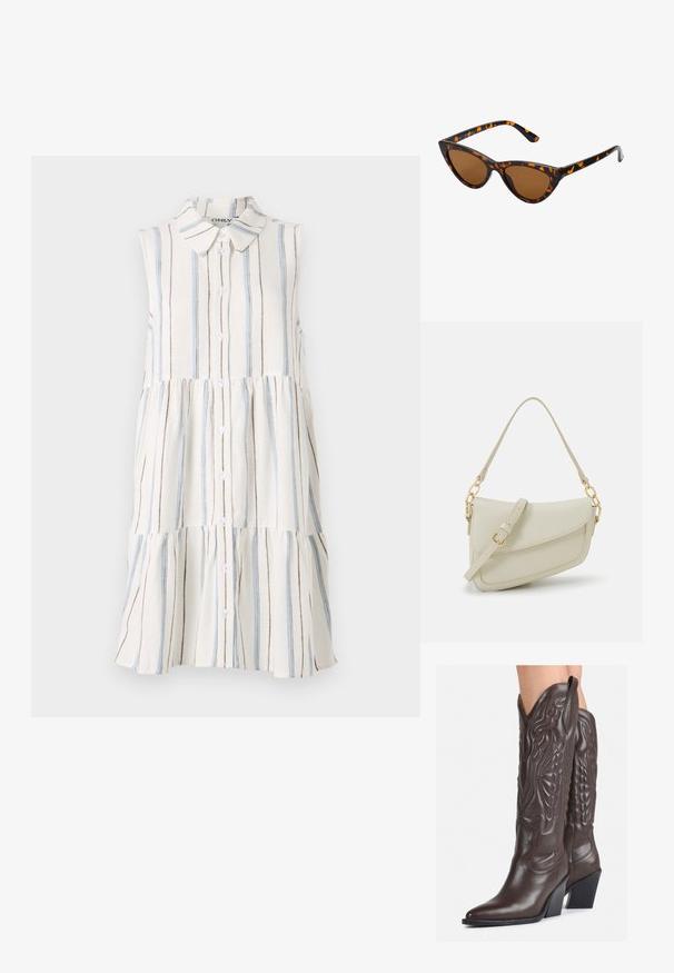 Brezrokav obleko s ovratnikom, ki ima vodoravne črte v modri, rjavi in smetanasti barvi ter gumbaste zaklope spredaj.; Rjave usnjene kavbojske čevlje z ostrim nosom in blok peto, ki vsebujejo podrobno šivanje in dvignjene dodatke na zgornjem delu.; Mačje oči sončna očala z okvirom v črno-oranžni želvej ohišji, rjavimi lečami in elegantnimi, ostrimi konicami. Imajo minimalistični logo na ročaju.; Mala kremna torbica z teksturiranim zaključkom, dolgim nastavljivim trakom, verižnim poudarkom in zapiranjem na poklop. Detajli iz zlatega kovinskega materiala.