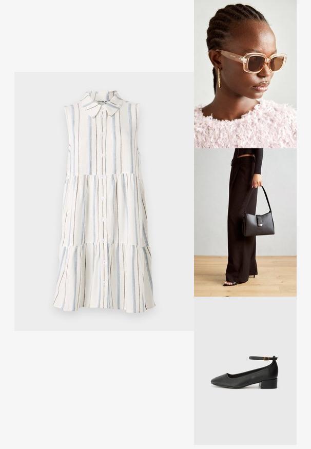 Rochie fără mâneci cu guler, având dungi orizontale în nuanțe de albastru, maro și crem, și închideri cu butoane pe față.; Pantof cu toc negru din piele, cu vârf ascuțit și toc mic pătrat. Dispune de o curea la gleznă cu o cataramă în tonuri de aur. Textură netedă.; Ochelari de soare bej supradimensionați cu rame transparente și lentile cu nuanță maronie, având accente florale subtile și un design geometric îndrăzneț.; Genți negre cu o formă structurată, textură netedă și un închizător metalic. Asortată cu pantaloni negri largi și sandale cu vârf deschis pe un podea din lemn.