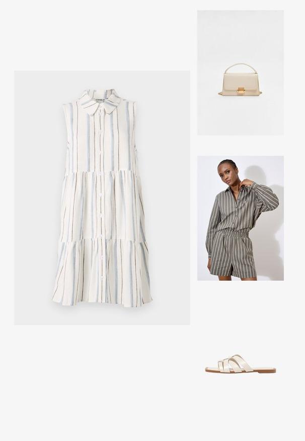Ärmelloses Kleid mit Kragen, das horizontale Streifen in Blau, Braun und Creme aufweist und über eine Knopfleiste auf der Vorderseite verfügt.; Grau gestreiftes Hemd und passender Shorts-Set in entspannter Passform. Mit Knopfverschluss, langen Ärmeln und elastischem Bund. Strukturiertem Stoff.; Flache Sandalen mit einer honigfarbenen Gummisohle, gestaltet mit drei überlappenden weißen Lederriemen und einem kleinen Schleifendetail in der Mitte.; Beige Lederhandtasche mit strukturiertem Design, Oberhandgriff, Kettenriemen und einem Goldverschluss. Glatte Oberfläche und klare Linien.