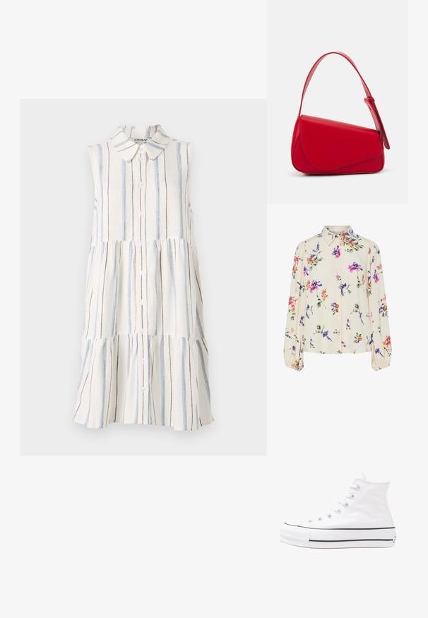 Ärmlän klänning med krage, prydd med horisontella ränder i blått, brunt och krämvitt, samt knäppningar fram.; Blommig blus med långa puffärmar, ljus krämfärgad bas, med lila, orange och gröna blommönster, samt klassisk krage.; Vit hög topp canvas sneaker med svart gummisulan, framsidan gummitåhätta och sex öglor för snören, med en ren, minimalistisk design.; Röd läderhandväska med en vinkelrät, geometrisk design. Har ett justerbart axelband och en klaffstängning med sydda detaljer.