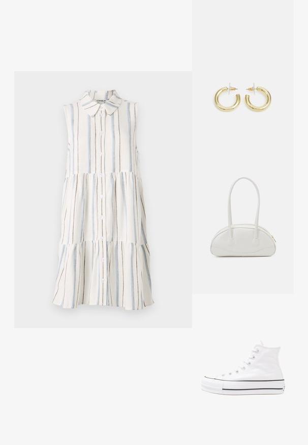 Sukienka bez rękawów z kołnierzykiem, zdobiona poziomymi paskami w kolorach niebieskim, brązowym i kremowym, z zapięciem na guziki z przodu.; Białe wysokie trampki z płótna z czarną gumową podeszwą, przednim czubkiem z gumy i sześcioma dziurkami na sznurowadła, charakteryzujące się prostym, minimalistycznym designem.; Even&Odd - Torebka; Złote kolczyki w kształcie kółek o gładkim, błyszczącym wykończeniu. Okrągły design z małym klipsem i przezroczystym zapięciem zapewniającym bezpieczne noszenie.
