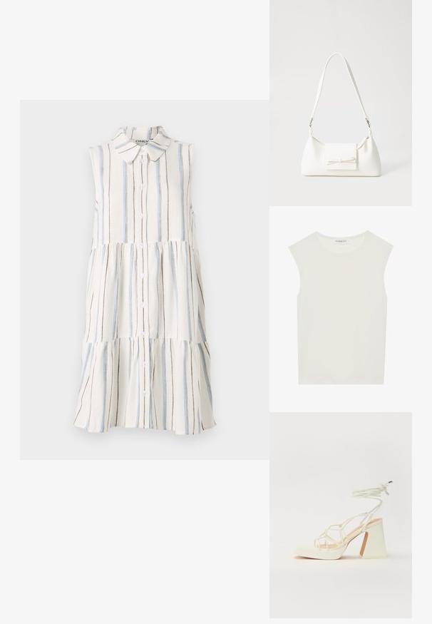 Abito senza maniche con scollatura a colletto, caratterizzato da righe orizzontali in blu, marrone e crema, e chiusura con bottoni davanti.; Top bianco senza maniche con scollatura rotonda. Realizzato in tessuto liscio, presenta una vestibilità rilassata e un design minimalista. Nessun motivo o accentuazione.; Sandalo bianco con tacco alto, caratterizzato da un design a cinturini e un legaccio alla caviglia. Texture liscia con una piattaforma frontale per un'altezza aggiuntiva.; Borsa sintetica bianca a forma triangolare, con patta anteriore piatta e dettaglio a fiocco, tracolla regolabile, texture liscia e design minimalista.