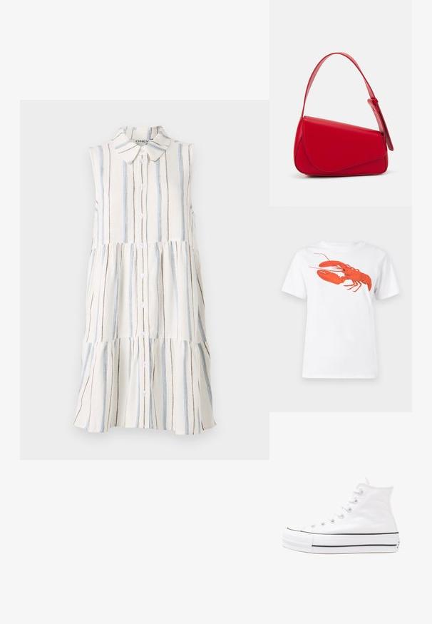 Robe sans manches avec un col, présentant des rayures horizontales en bleu, marron et crème, ainsi que des boutons sur le devant.; T-shirt en coton blanc avec un grand graphisme de homard rouge vif sur le devant. Manches courtes et design à col rond standard.; Baskets montantes en toile blanche avec semelle en caoutchouc noir, capuchon en caoutchouc à l'avant, et six œillets pour les lacets, présentant un design épuré et minimaliste.; Sac à main en cuir rouge avec un design angulaire et géométrique. Il dispose d'une seule sangle ajustable et d'une fermeture à rabat avec un detailing cousu.