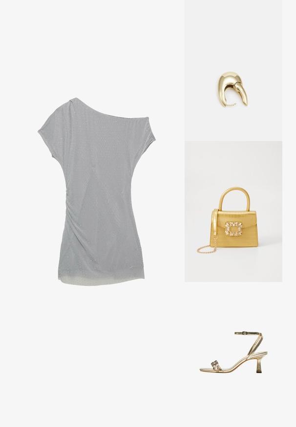 Svetlo šedé krátke šaty s krátkym rukávom, pokryté drobnými striebornými cvočkami rovnomerne rozloženými na látke, s voľným strihom a jemným splývaním na bokoch.; Zlaté kovové sandále na vysokom podpätku s popruhom okolo členka, dvoma úzkymi prednými pásmi a blokovým podpätkom. Obsahuje dekoračné ozdoby.; Žltá falošná krokodília kabelka so štruktúrovaným dizajnom, horným držadlom, odnímateľným reťazovým popruhom a dekoratívnym kryštálovým ozdobením na zapínaní.; Náušnice z kovu v zlatej farbe s elegantným, zakriveným dizajnom. Majú charakteristický špicatý tvar, leštený povrch a uzáver na pánt.