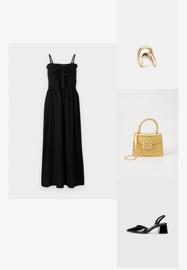Fekete maxi ruha rakott mellrésszel, állítható pántokkal és elöl megkötős részlettel. Texturált anyagból készült.; Fekete lakk bőr szandálkés magas sarkú cipő, hegyes orral és geometrikus tömbsarkakkal. Karcsú, minimalista dizájn és sima textúra jellemzi.; Sárga műbőr krokodil mintás kézitáska strukturált kialakítással, felső fogantyúval, leválasztható lánccal és díszes kristály díszítéssel a záron.; Aranyszínű fém fülbevaló, elegáns, ívelt formával. Különleges hegyes alak, fényes felszín és zsanéros záródás jellemzi.