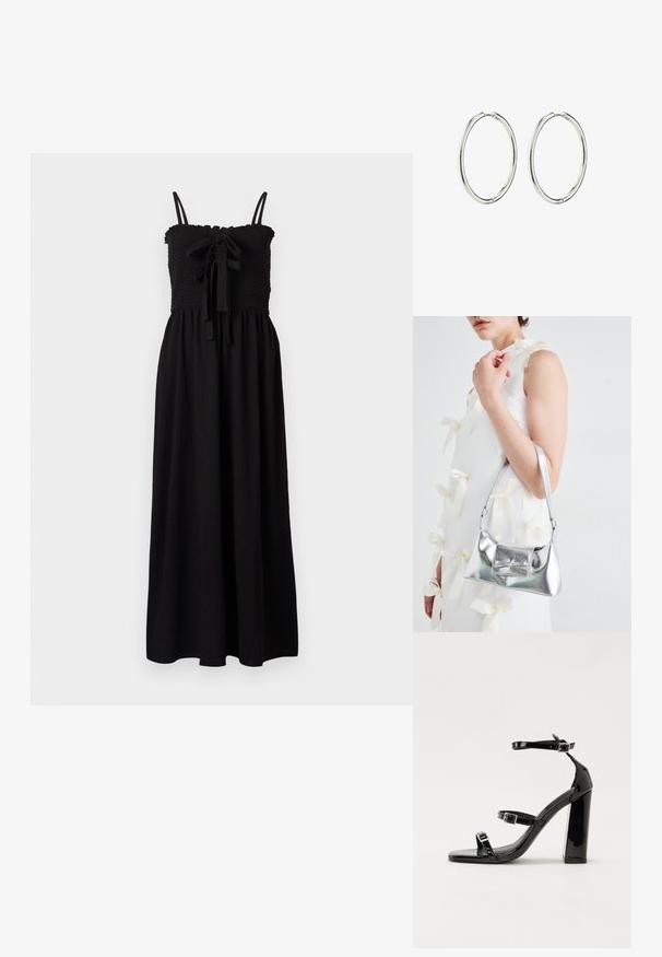 Schwarzes Maxikleid mit einem gerafften Oberteil, verstellbaren Spaghettiträgern und einem Bindedetail an der Vorderseite. Aus einem strukturierten Stoff gefertigt.; Schwarze patentierte Sandalen mit Absatz, quadratischer Spitze, Knöchelriemen und silbernen Schnallen. Mit einem stabilen Blockabsatz für mehr Stabilität.; Silberne metallische Handtasche mit strukturierter Form, ausgestattet mit einem oberen Griff und einer Schleifenapplikation auf der Vorderseite. Glatte Textur, reflektierendes Finish.; Silberne Creolen mit einer glatten, polierten Oberfläche. Runde Form, leichtes Design und mit einem sicheren Verschlussmechanismus ausgestattet.