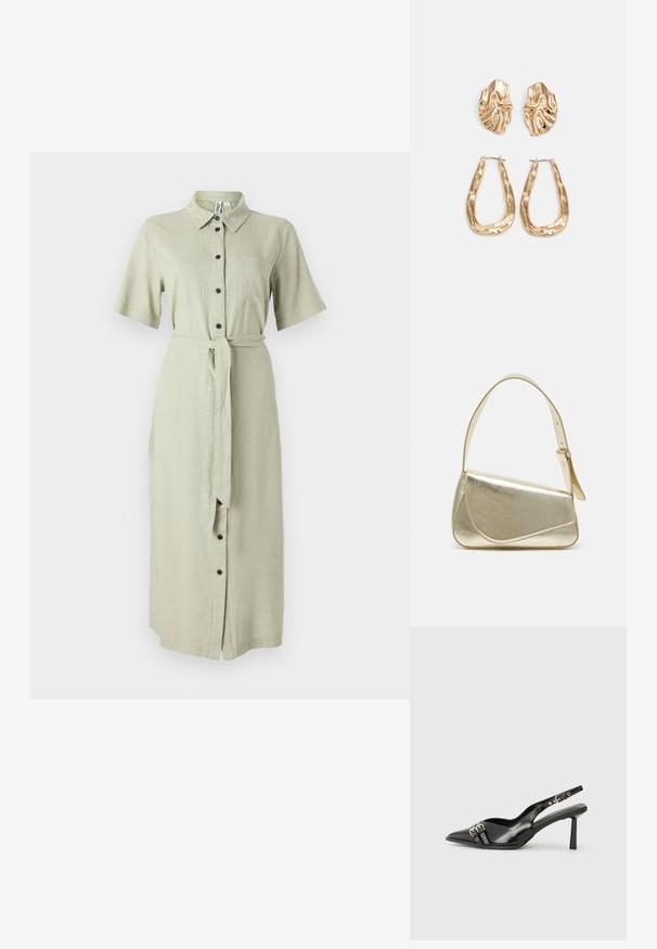 Vestido de camisa verde de linho com mangas curtas, colarinho, botões frontais, um bolso no peito e um cinto combinando à volta da cintura.; Sapato slingback preto em pele patentada com bico apontado, tiras no tornozelo apresentando fivelas e acessórios prateados, e um salto elegante.; Bolsa de mão metálica dourada com um design estruturado, textura suave e alça ajustável. Apresenta uma forma triangular única e costura minimalista.; Brincos em tom de ouro com formas onduladas e texturizadas. Inclui studs escultóricos com presilha e um design de argola aberta com um acabamento martelado.