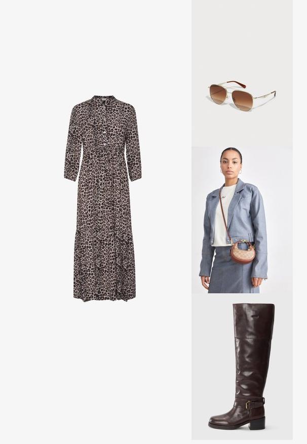 Leopárdmintás maxi ruha galléros nyakkal, gombos elejével, háromnegyedes ujjal és réteges alsó résszel. Puha anyag, amely lazán ül a testen.; Barna bőrből készült, térd feletti csizmák, lekerekített orral, széles szárakkal, csatos pánttal a bokán és alacsony, tömbtalpú sarokkal.; Aranyszínű fémszáru napszemüveg, gradiens barna lencsékkel. Egyedi geometriai formával rendelkezik, és barna díszítéssel az ágakon. Könnyű kialakítás.; Kicsi barna és bézs női táska klasszikus logó mintával, arany részletekkel és ívelt formával, farmerdzsekivel és szoknyával párosítva.