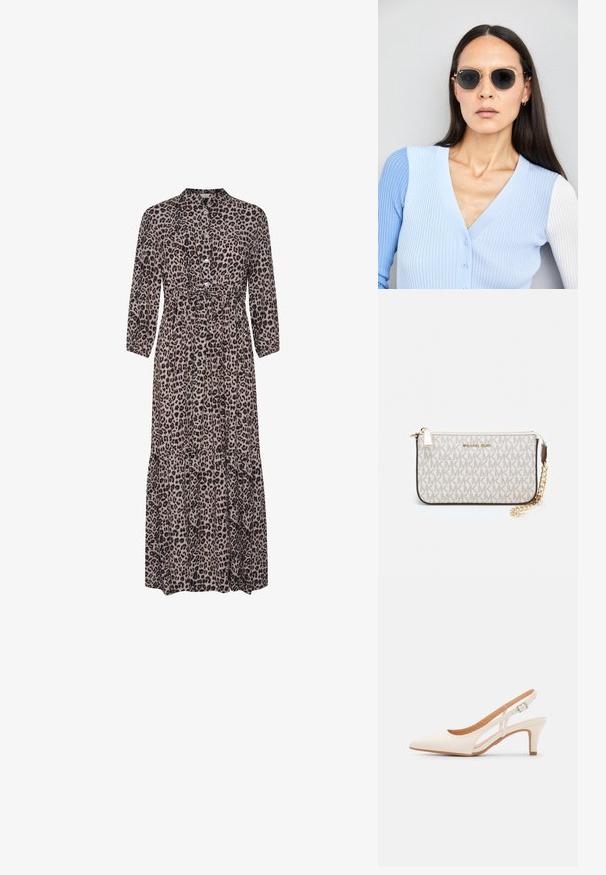 Sukienka maxi w wzór panterki z kołnierzykiem, z przodu na guziki, o rękawach trzy czwarte i warstwowym hemie. Wykonana z miękkiego materiału, zapewniająca luźny fason.; Biała szpilka slingback z ostrym noskiem, gładkim materiałem wierzchnim, niskim obcasem blokowym oraz wycięciami po bokach i regulowanym paskiem z klamrą.; Okrągłe okulary przeciwsłoneczne z ciemnymi soczewkami i złotymi ramkami. Modelka nosi jasnoniebieski kardigan w prążki z guzikami i białymi rękawami w kontrastowym kolorze.; Portfel na nadgarstek marki Michael Kors w beżowej, pokrytej płótnem, z powtarzającym się wzorem logo MK, złotym okuciem i odpinanym łańcuszkowym paskiem.