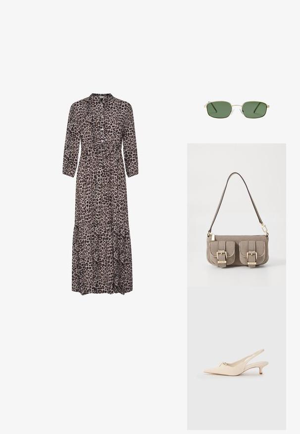Maxi šaty s leopardím potiskem, které mají límeček, zapínání na knoflíky vpředu, tříčtvrteční rukávy a zvlněný spodní lem. Měkký materiál s volnějším střihem.; Sandalové boty s špičatou špičkou v krémové kůži, zdobené malou mašlí a nízkým klínkem. Hladký povrch, minimalistický design.; Sluneční brýle se zlatým kovovým rámem, zelenými skly, obdélníkovým tvarem a průhlednými plastovými opěrkami na nos. Tenké, štíhlé stranice s minimálním designem.; Béžová texturovaná kabelka s nastavitelným popruhem, dvěma předními kapsami uzamčenými sponami a zlatými akcenty. Uzavření na zip nahoře.