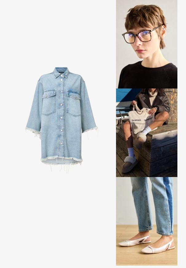 Camicia overshirt in denim azzurro chiaro con chiusura a bottoni, due tasche sul petto, orlo sfrangiato e maniche ampie. Presenta un colletto classico e una texture scolorita.; Ballerine slingback rosa pallido con punta affusolata, realizzate in un materiale simile alla pelle liscio. Presentano dettagli a taglio sui lati e un tacco piatto.; Occhiali tartarugati con grandi montature rettangolari, dotati di lenti riflettenti e aste sottili, indossati su uno sfondo neutro.; Borsa tote beige con "SAMSOE" stampato due volte, ciabatte beige con bordo in pelliccia bianca, calze bianche e un cappotto in shearling marrone su una superficie di legno.