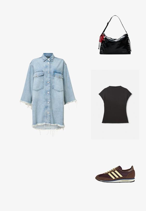 Világoskék farmer ing, gombos elülső résszel, két mellzsebbel, elszakadt szegéllyel és széles ujjakkal. Klasszikus gallérral és elhalványult textúrával rendelkezik.; Fekete, rövid ujjú felső magas nyakkal és laza szabással. Puha anyagból készült, sima tapintással. Nincsenek látható minták vagy grafikák.; Barna és bordó sneaker velúr és hálós anyagból, három krémcsíkkal, texturált anyaggal a nyelvén és gumitalppal.; Fekete bőr kézitáska, laza dizájnnal, fűzős részletekkel az oldalán és egy piros kiegészítő címkével. Hosszú, állítható pánttal rendelkezik.