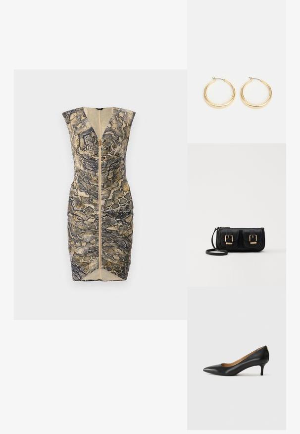 Fekete, szürke és arany árnyalatú, texturált kígyóbőr mintás, testhezálló, ujjatlan ruha. Elöl cipzárral záródik és karcsúsított sziluette van.; Fekete bőrpumpa hegyes orral, alacsony sarokkal és sima felülettel. Elöl enyhe nyílással rendelkezik, hátul pedig minimális részletezéssel.; Fekete bőr keresztbody táska két elülső zsebbel, arany csattokkal, cipzáras záródással és vékony pánttal. Textúrált felület és kompakt téglalap alak.; Aranyszínű karika fülbevalók sima, kerek formával, vékony drótzárral és fényes felülettel, amely csillogó megjelenést kölcsönöz.