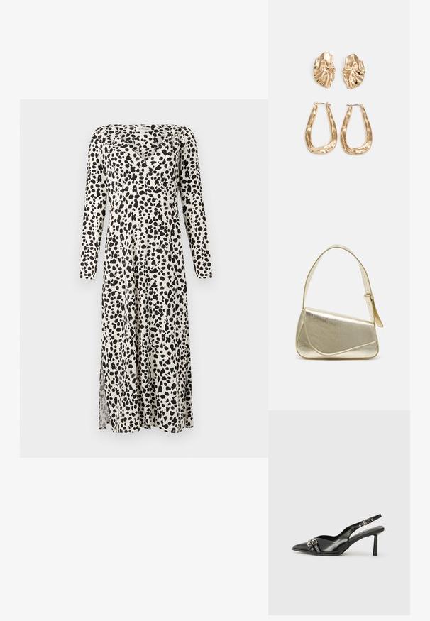 Dolga kremasta obleka s črnimi pikami, dolgega rokava, V-izrezom in stranskim razporkom za lažje gibanje.; Črne patentne usnjene sandale s koničastim nosom, zankami okoli gležnja s srebrnimi sponkami in opremo ter vitkimi petami.; Zlata metalna torbica z urejenim dizajnom, gladko teksturo in nastavljivim trakom. Ima edinstveno trikotno obliko in minimalistično šivanje.; Zlato obarvani uhani z teksturiranimi, valovitimi oblikami. Vključujejo skulpturalne sponke za ušesa in odprto obliko obročka s kladivastim finišem.