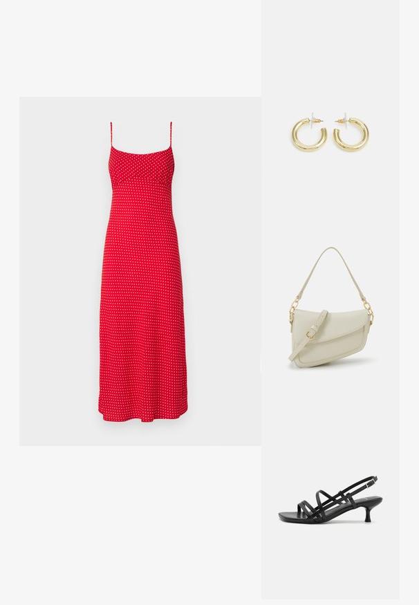 Červené šaty bez rukávov s tenkými ramienkami, s priliehavým telom a sukňou v A-líne, zdobené bielymi bodkami po celom povrchu.; Čierne sandále na podpätku s viacerými prekríženými remienkami. Hladký materiál, špicatá špička a úzky podpätok. Nastaviteľný remienok okolo členka s prackou.; Malá krémová kabelka s textúrovaným povrchom, dlhým nastaviteľným popruhom, reťazovým detailom a klopovým uzáverom. Zlaté kovové prvky.; Zlaté kruhové náušnice s hladkým, lesklým povrchom. Cirkulárny dizajn s malým steblom a jasným záznamom pre bezpečné nosenie.