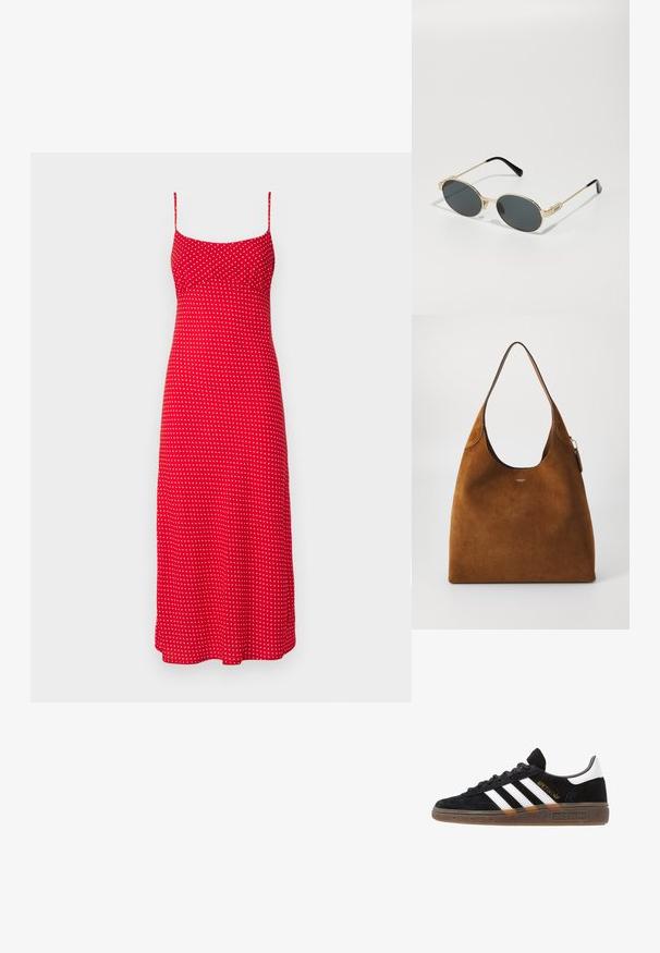 Vestido vermelho sem mangas com alças finas, apresentando um corpete justo e uma saia em A, adornado com bolinhas brancas por toda a peça.; Sapatilha Adidas preta com riscas brancas, texto dourado "Spezial", sola de borracha e aba do calcanhar branca, apresentada em vista lateral.; Óculos de sol de metal dourado com lentes ovais e lentes escuras. Pontas em acetato preto nas hastes. Nome da marca "QUAY" na lateral.; Saco de ombro em camurça castanha, com um formato curvado e uma alça única, apresentando um logótipo discreto na frente. O fundo é branco liso.