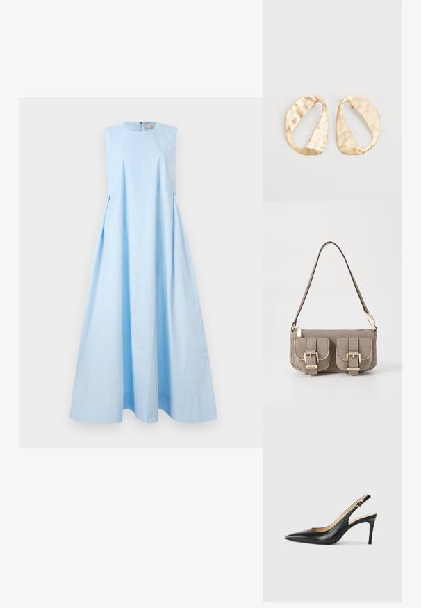 Vestido sem mangas, azul claro, até ao chão, em linha A, com decote redondo e fecho de correr nas costas.; Saltos altos slingback em couro preto, com bico fino, tira ajustável e um elegante salto stiletto, apresentando um acabamento suave.; Bolsa de mão texturizada bege com alça ajustável, dois bolsos frontais fechados por fivelas e detalhes em metal dourado. Fecho em zíper na parte superior.; Par de brincos irregulares em forma oval, feitos de metal dourado, com uma superfície texturizada e ligeiramente martelada, sobre um fundo branco.