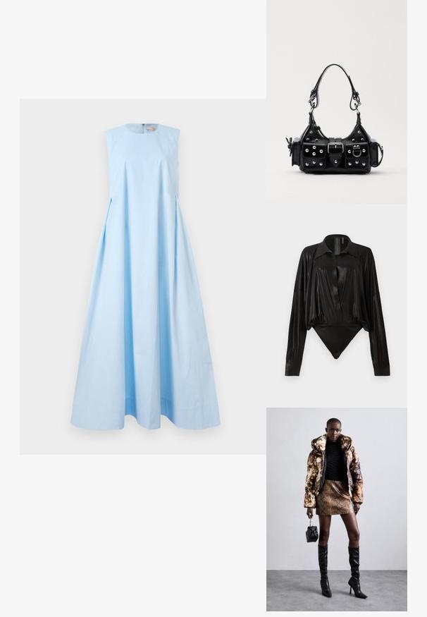 Bezramenné, světle modré, dlouhé šaty ve tvaru A s kulatým výstřihem a zapínáním na zadním zipu.; Černý body s dlouhými rukávy, výstřihem do V a přiléhavým střihem. Vyrobeno z lesklého, hladkého materiálu se strukturovaným límcem a manžetami.; Puffa bunda s hnědým a černým vzorem, zkombinovaná s hnědou mini sukní s hadím vzorem, černými vysokými botami a malou černou taškou.; Černá kožená kabelka s křivkovým designem, zdobená stříbrnými hřebíky, s přezkou a dvěma bočními kapsami. Nastavitelný popruh pro různé možnosti nošení.